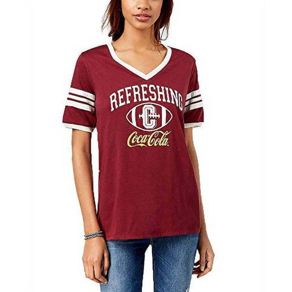 Freeze 24-7 Tops - Freeze 24-7 Juniors Coca Cola Graphic Varsity T-Shirt,Medium